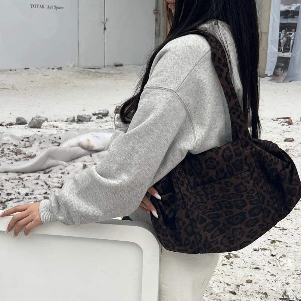 Women Suede Leopard Print Tote Bag Lazy Style Large Capacity Mommy Bag Versatile Daily Outdoor Shoulder Handbag
