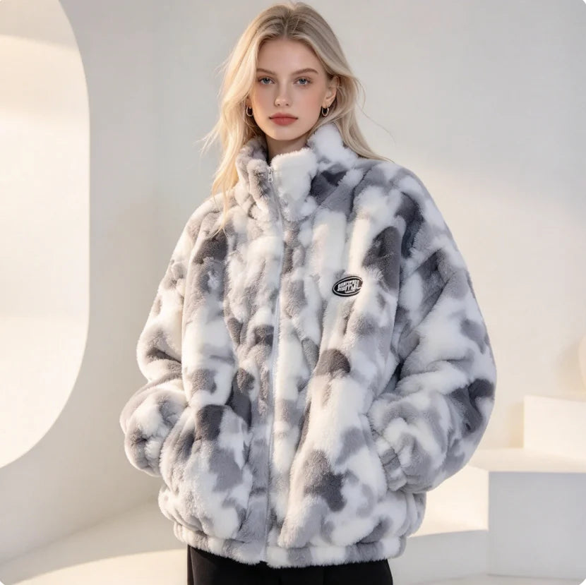 Women’s Tie-Dye Fleece Jacket – Plush Zip-Up Coat for Autumn & Winter