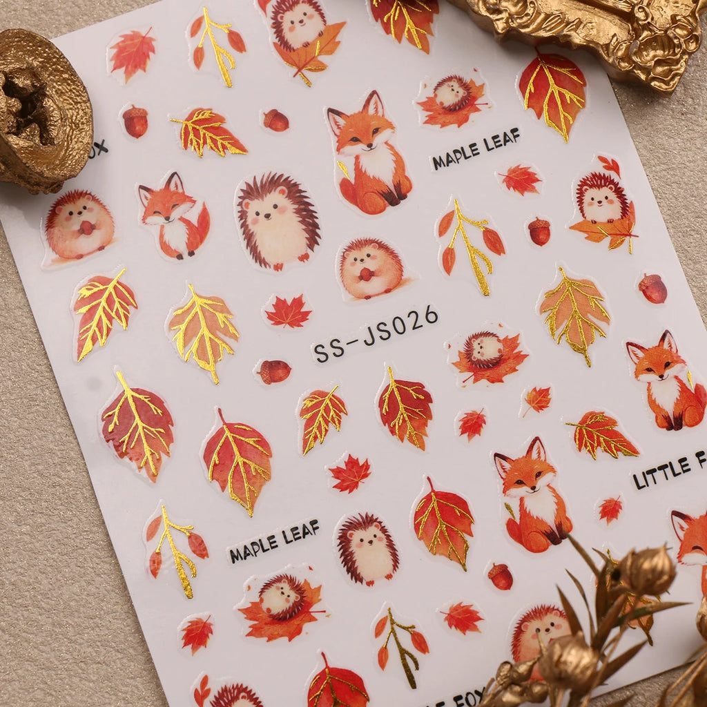 Metallic Autumn Nail Art Decals, Cute Fox Squirrel Hedgehog Maple Leaf Patterns, Retro Orange Gold Fall Theme