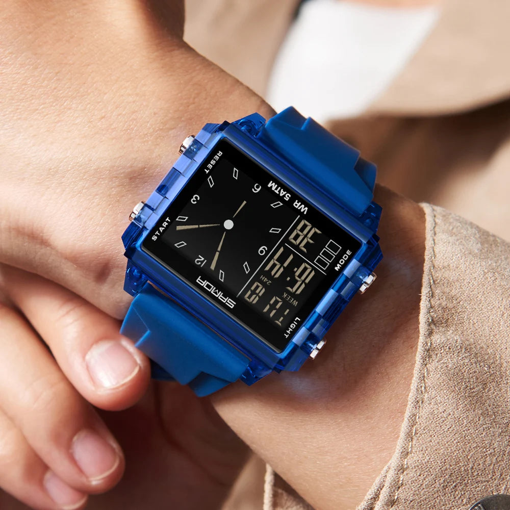 SANDA Fashion Electron Analog Watch for Men Women Waterproof Square Dial Count Down Timer Digital Wristwatch Man World Time