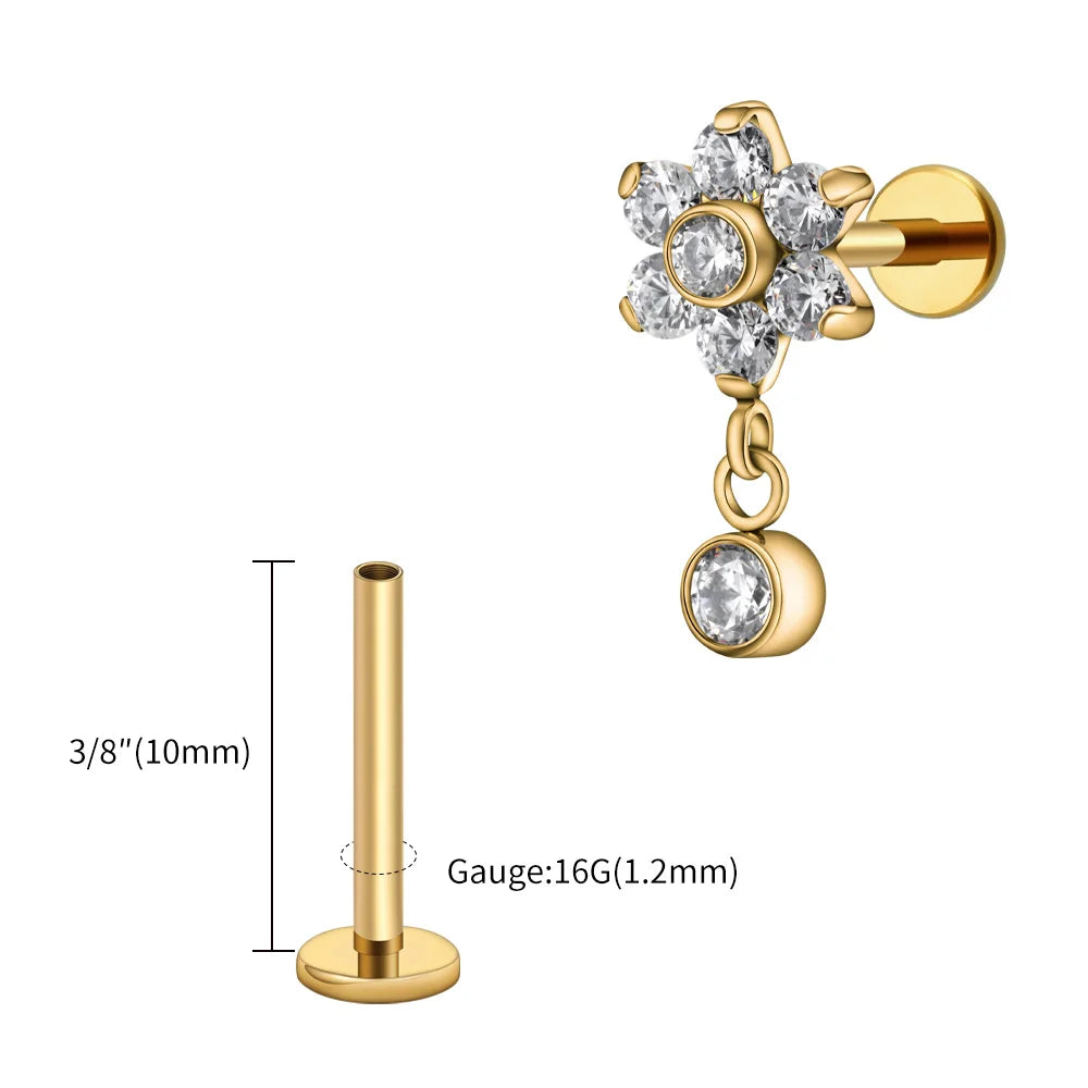 16G Titanium Flower CZ Drop Labret – Dangle Flat Back Piercing Earring