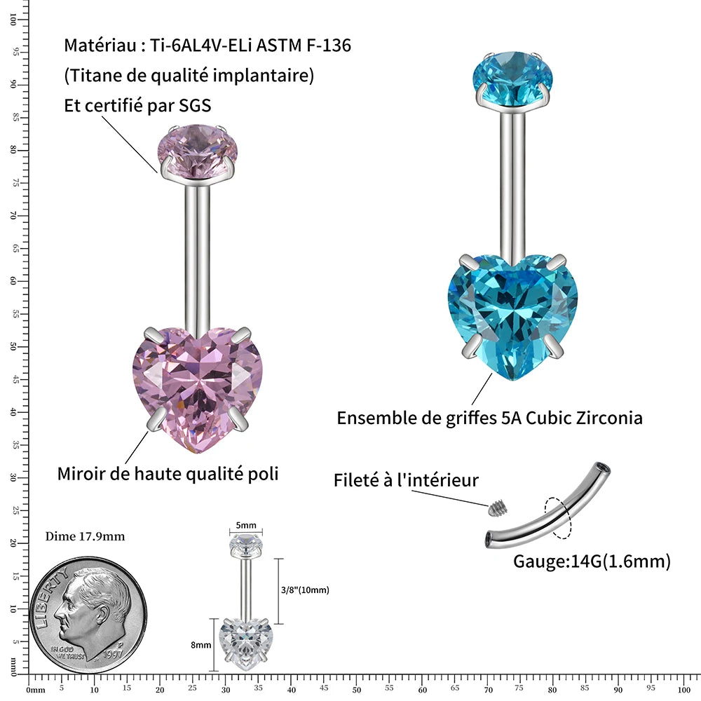 14G Titanium Heart CZ Belly Button Ring – Curved Barbell Navel Piercing