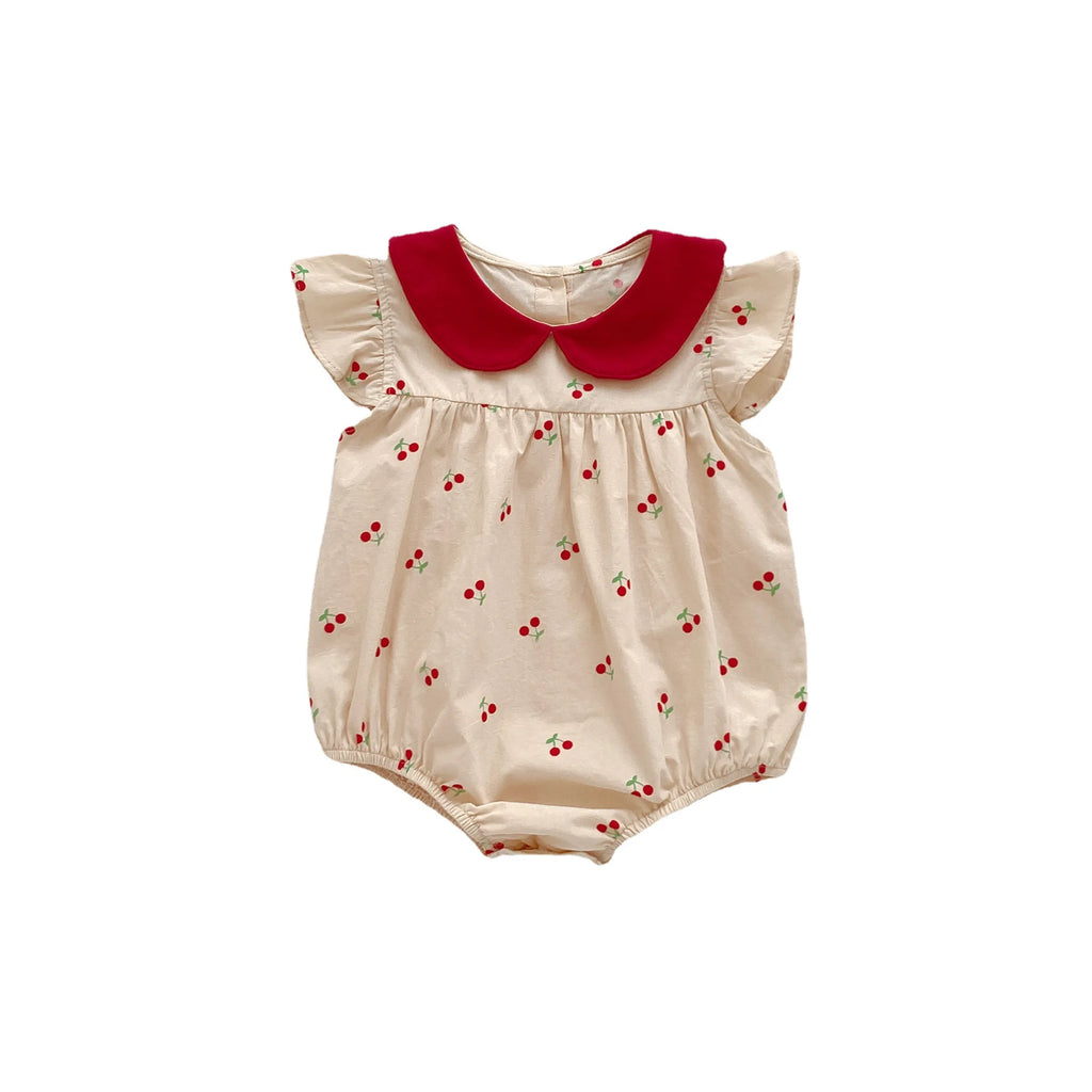 2026 Autumn Cherry Printed Girls Bodysuit Sweet Peter Pan Collar Long Sleeves Princess Romper Daily Wear Toddler Clothing
