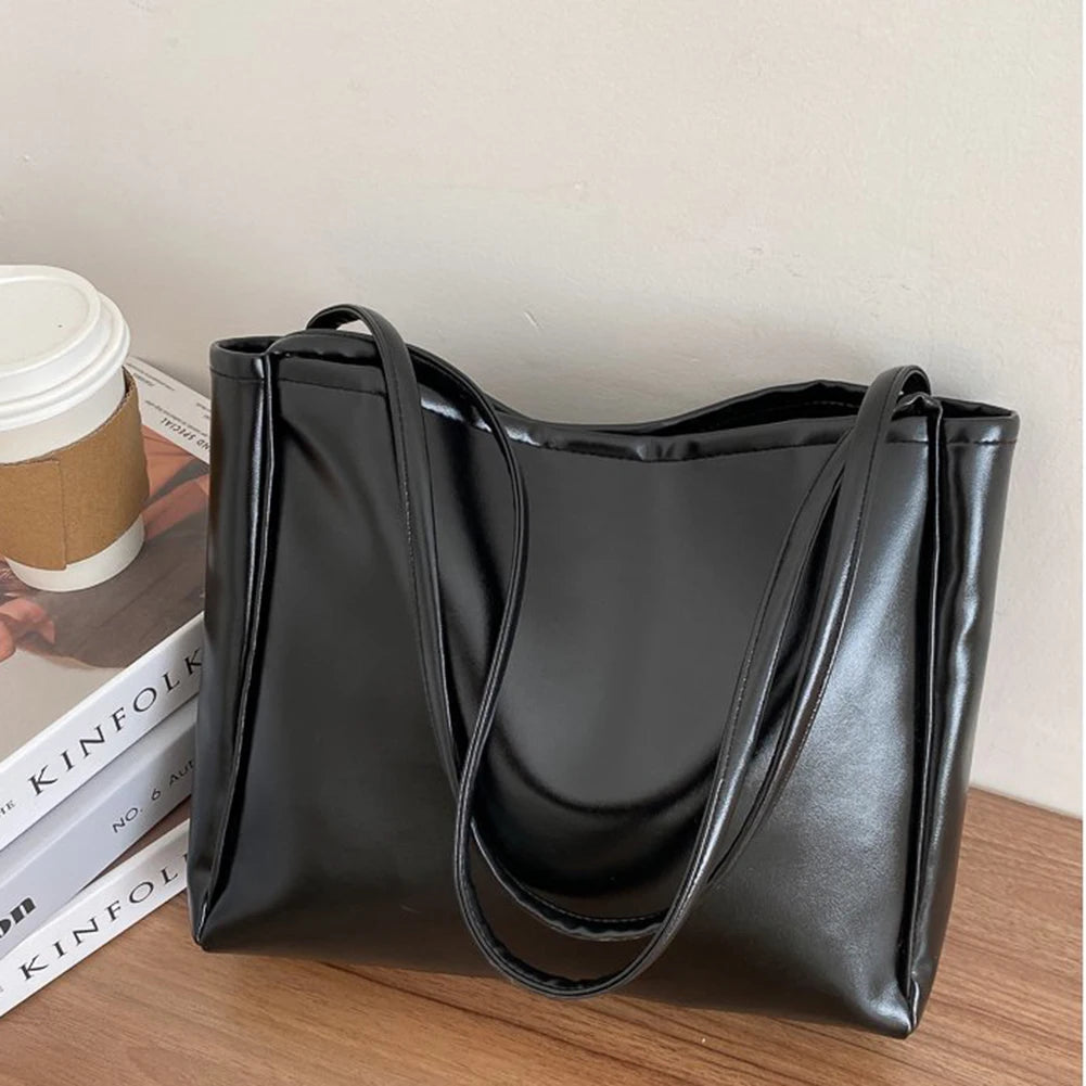 Fashion Tote Bag Female Simple Tote Bag Handbag Temperament Large Capacity PU Shoulder Commuting Bag For Shopping Travel