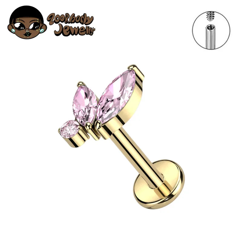 Titanium Triple Marquise CZ Labret Piercing – Internal Thread Lip, Tragus & Helix Jewelry