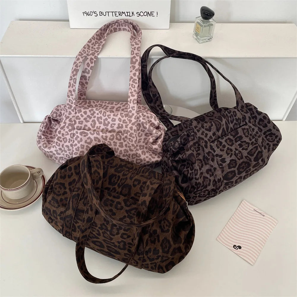 Women Suede Leopard Print Tote Bag Lazy Style Large Capacity Mommy Bag Versatile Daily Outdoor Shoulder Handbag