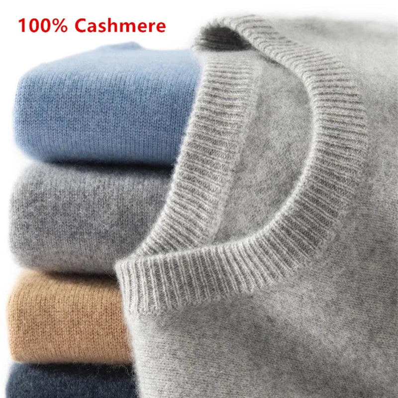 Men's 100% Cashmere Sweater – Classic Crew Neck Knit Pullover for Autumn and Winter