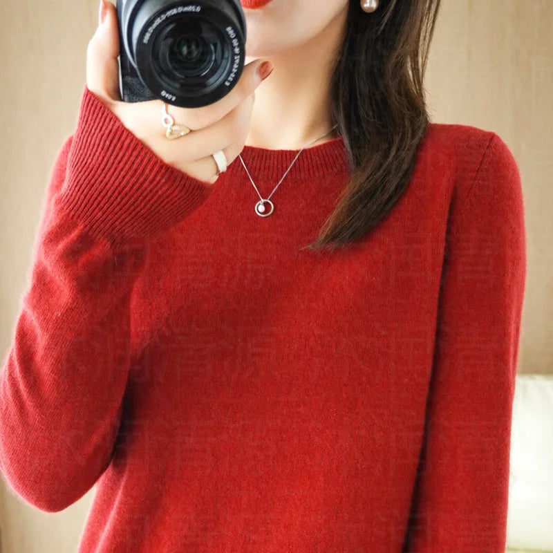Women’s Crew Neck Knit Sweater – Soft Casual Pullover for Autumn & Winter