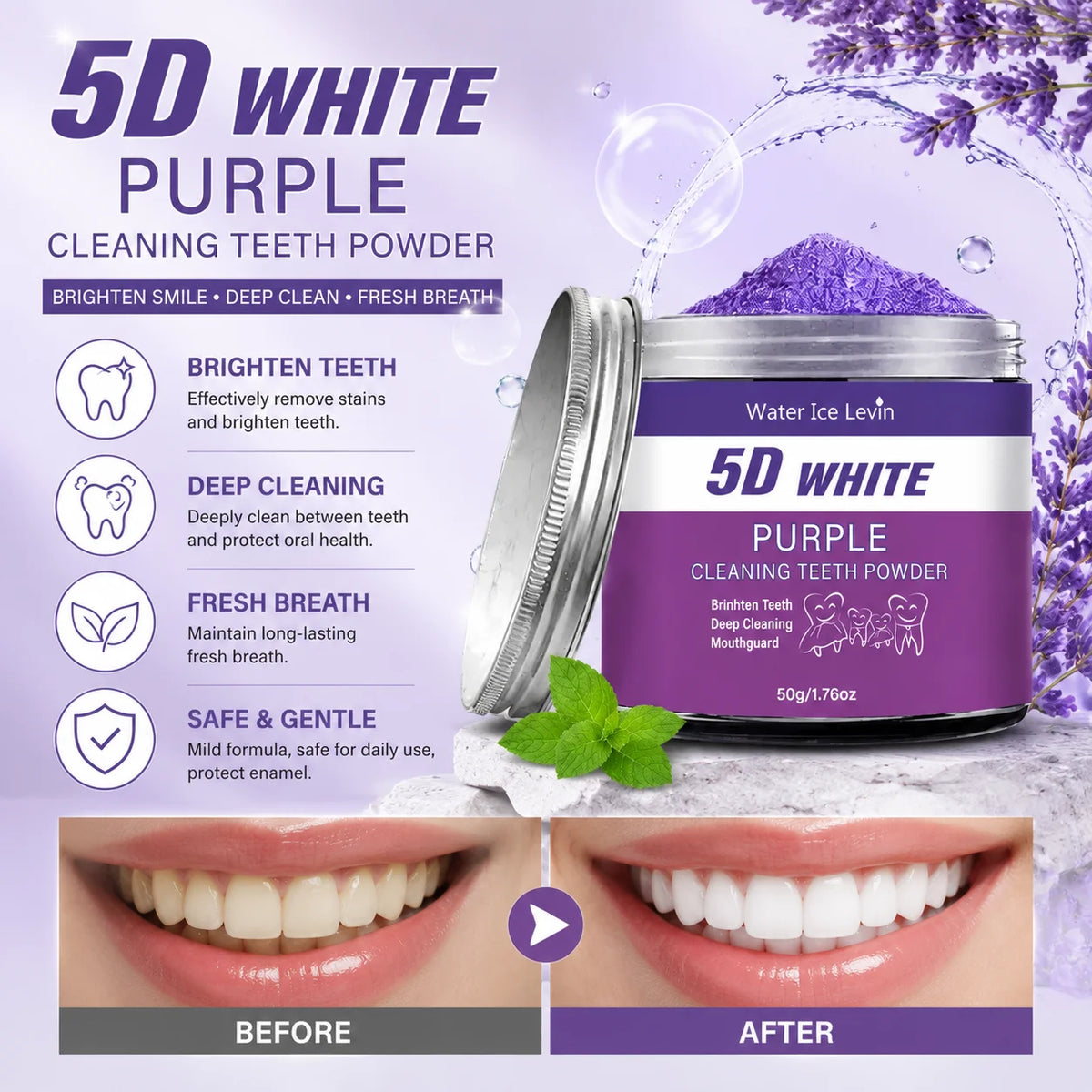 Purple Teeth Whitening Powder 50g Natural Pearl Essence Deep Cleaning Tooth Powder Fresh Breath Teeth Stain Remover Oral Care