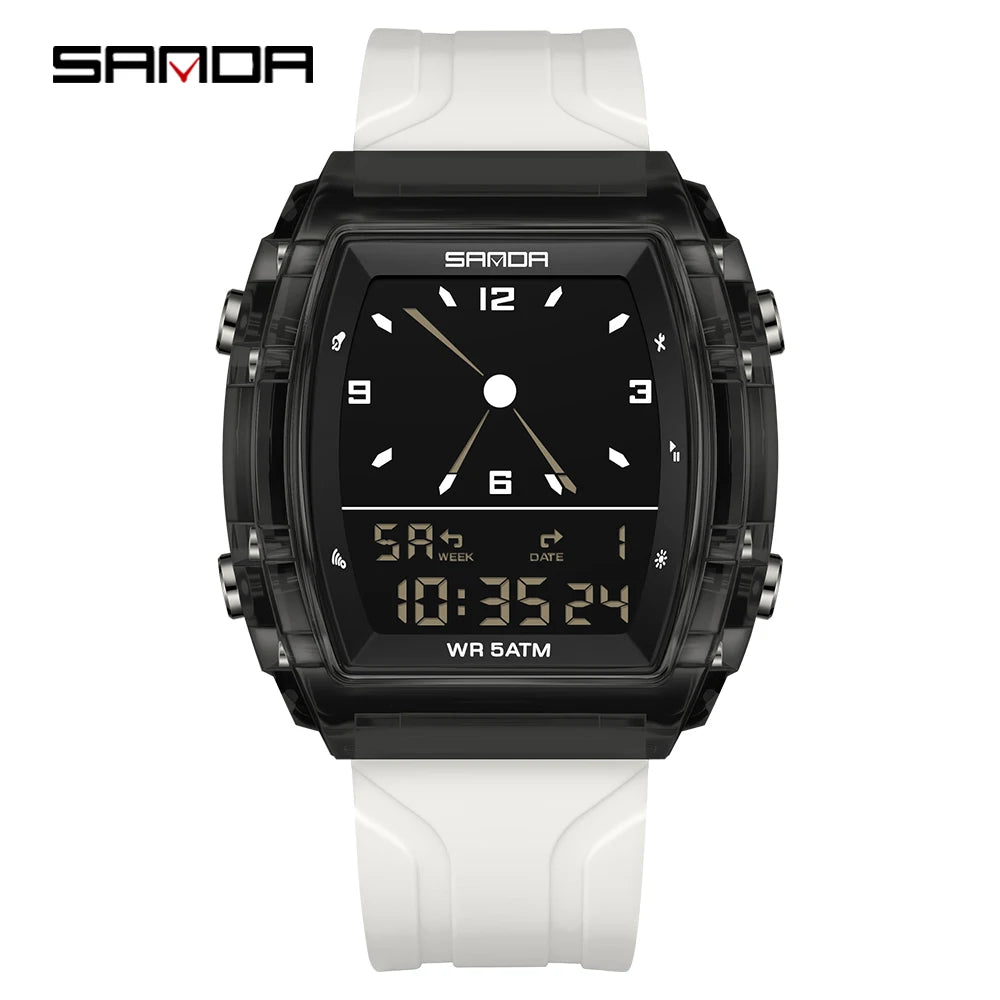 SANDA Fashion Electron Analog Watch for Men Women Square Dial Count Down Timer Waterproof Watch LED Luminous Digital 9502