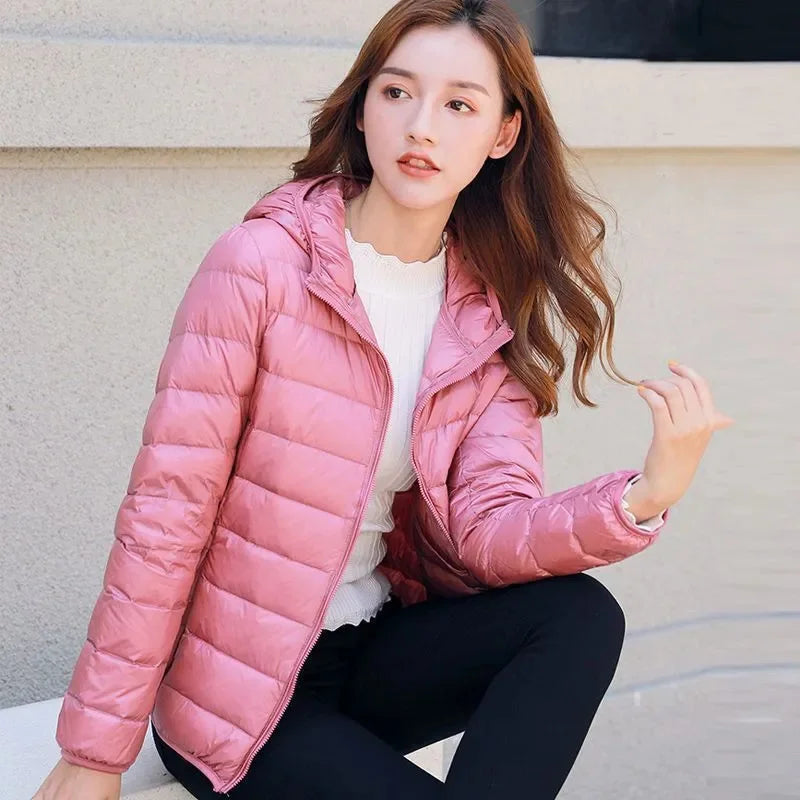 Women’s Short Puffer Jacket – Warm Hooded Coat with Stand-Up Collar