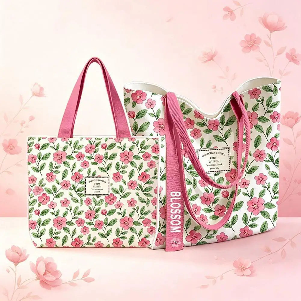 Fashion Canvas Tote Bag Open Top Large Capacity Single Shoulder Bag Floral & Lemon Print Shopping Shoulder Bag Gift