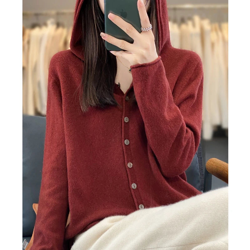 Hooded Cashmere Cardigan 100% Merino Wool Women's Hooded Sweater Cardigan Solid Color Warm Loose Knit Top
