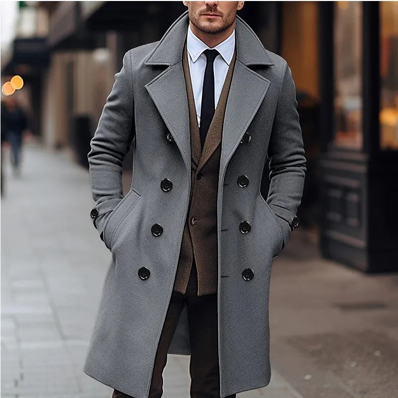 Men's Double-Breasted Wool Blend Overcoat – Long Business Casual Coat, Classic British Style