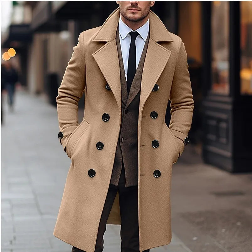 Men's Double-Breasted Wool Blend Overcoat – Long Business Casual Coat, Classic British Style