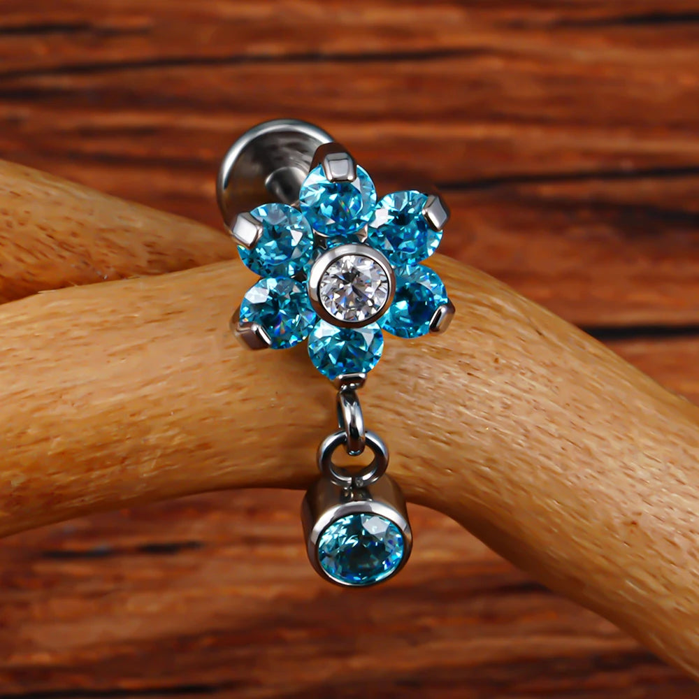 16G Titanium Flower CZ Drop Labret – Dangle Flat Back Piercing Earring