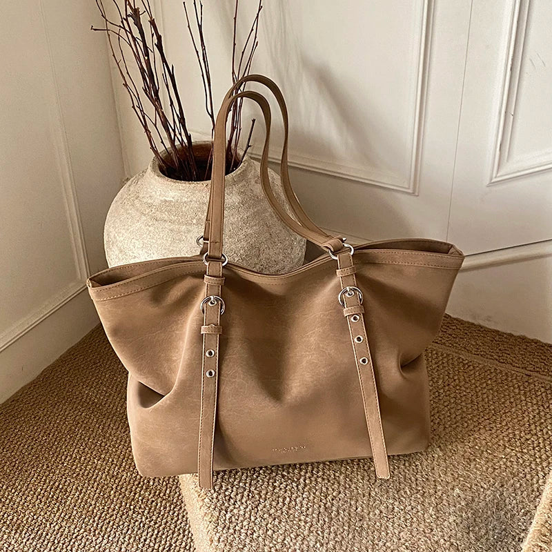 Korean Large Capacity Tote Bag Women Suede Shoulder Crossbody Bag Belt Buckle Design Minimalist Solid Color Zipper Underarm Bag
