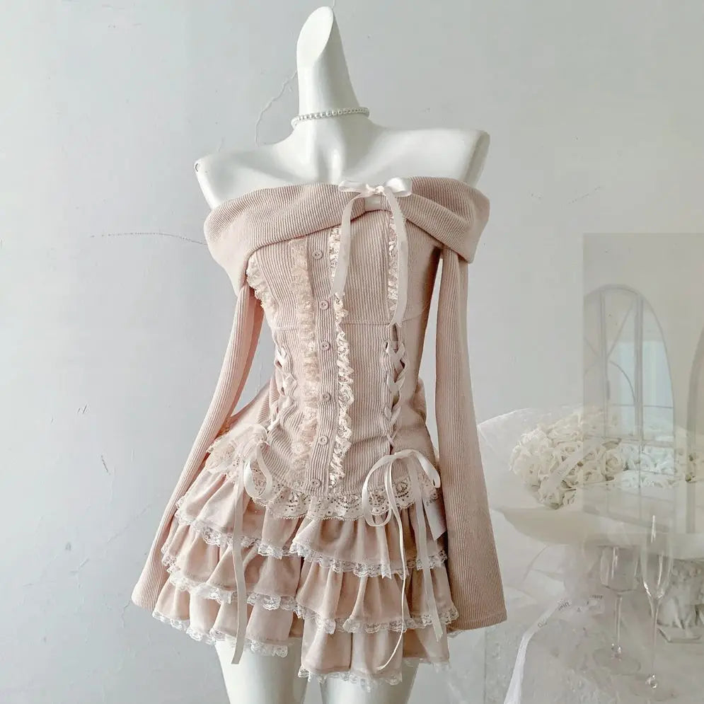 Autumn Winter Korean Fashion Sweet 2 Piece Set Women Off Shoulder Tops+ Fluffy Skirt New Pure Desire Chic Y2k Fairy Outfits 2025