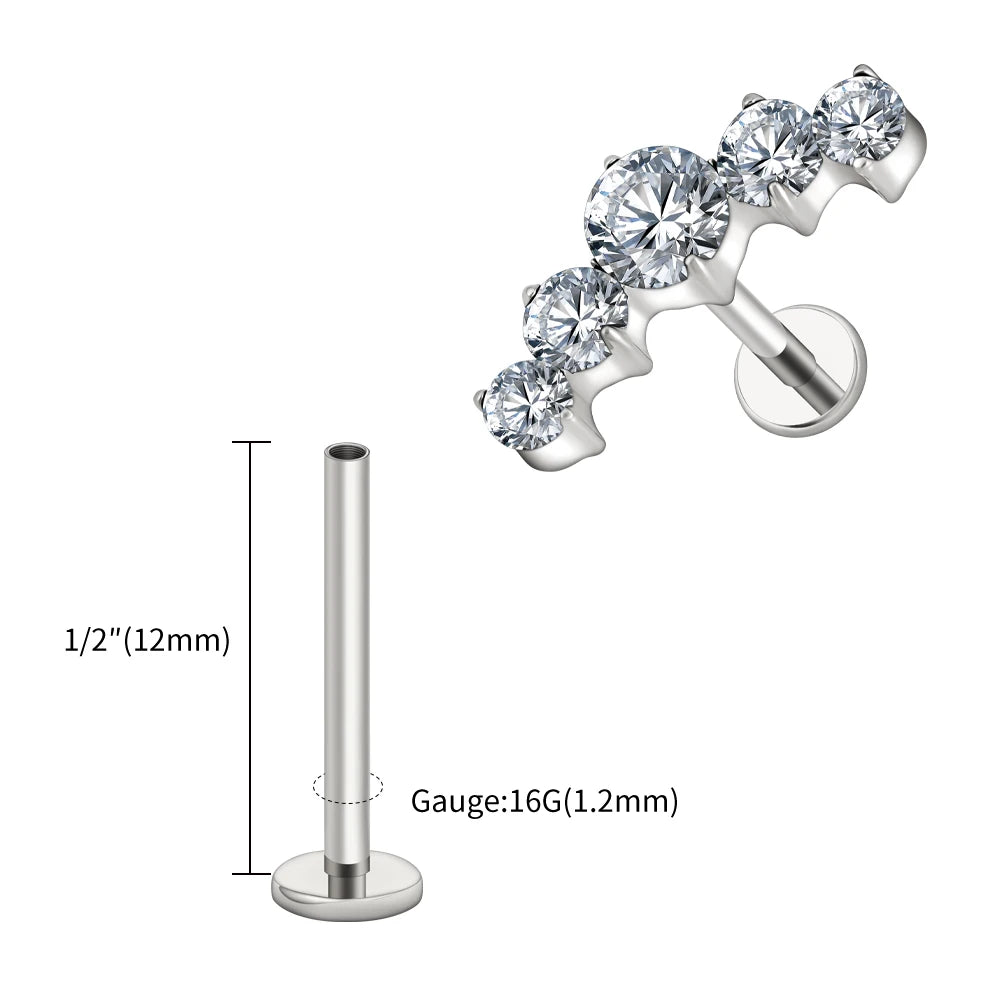 16G Titanium CZ Cluster Labret Stud – Curved Bar Flat Back Cartilage Earring