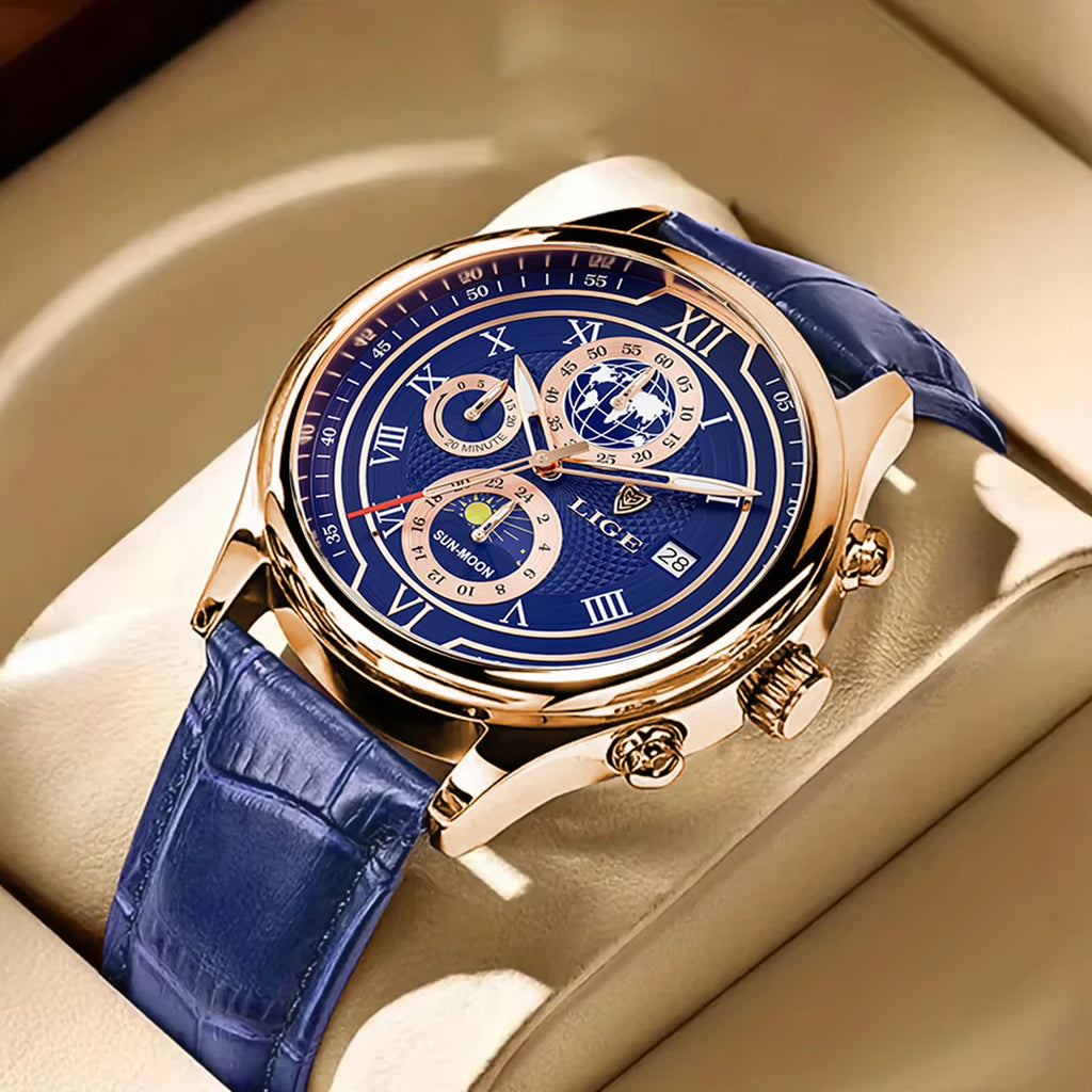 New Mens Watches LIGE Top Brand Leather Chronograph Waterproof Sport Automatic Date Quartz Watch For Men Relogio Masculino