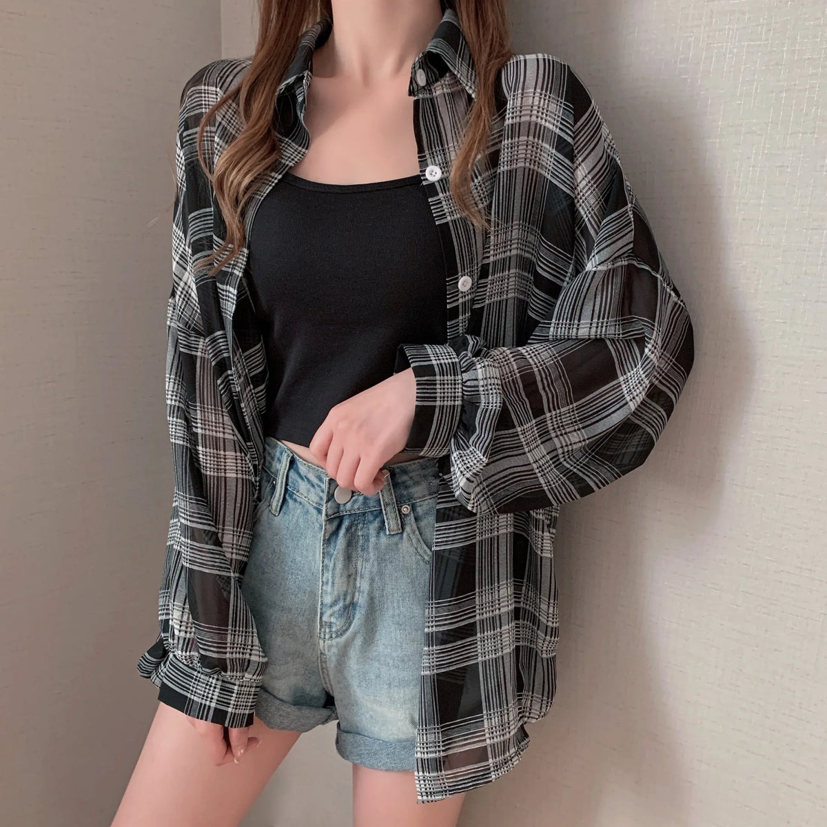 Women’s Sheer Plaid Chiffon Shirt – Oversized Button-Down Casual Blouse
