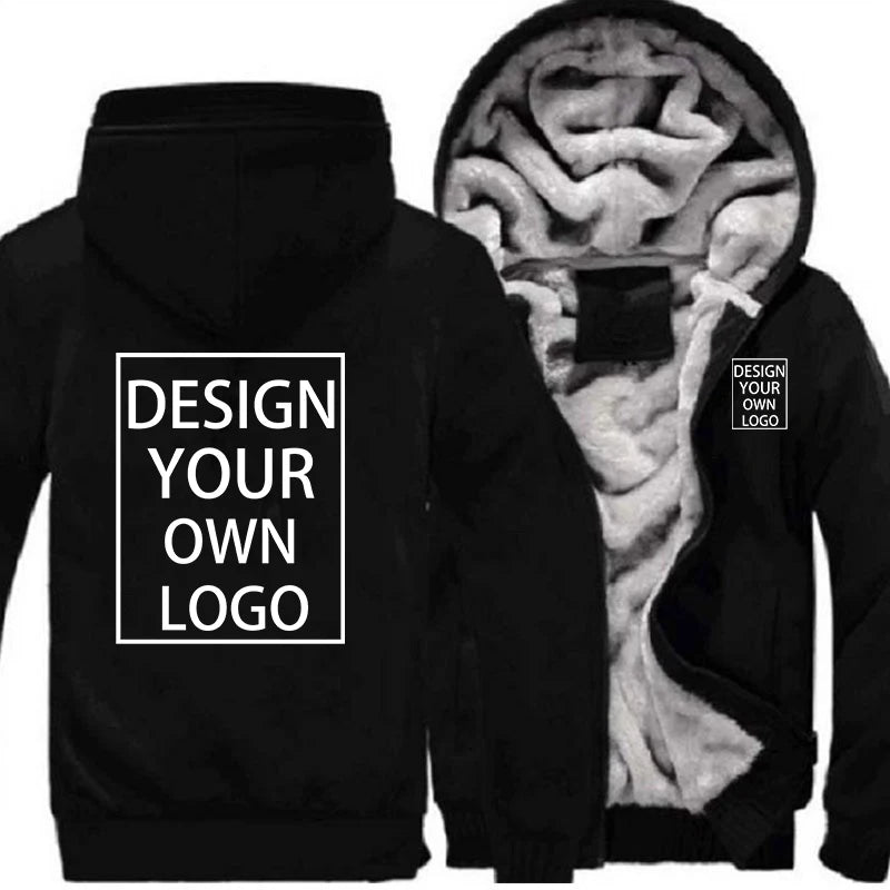 Men's Custom Logo Fleece-Lined Zip-Up Hoodie – Thick Warm Hooded Winter Jacket