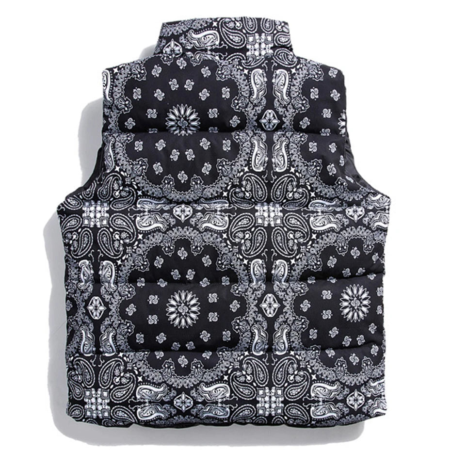 Men's Paisley Bandana Puffer Vest – Thick Warm Padded Sleeveless Jacket, Hip-Hop Streetwear