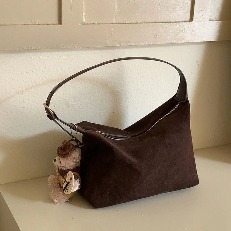 Women Handbag Vintage Tote Bag Simple Casual Commuter Bag Large Capacity Faux Suede Handbag