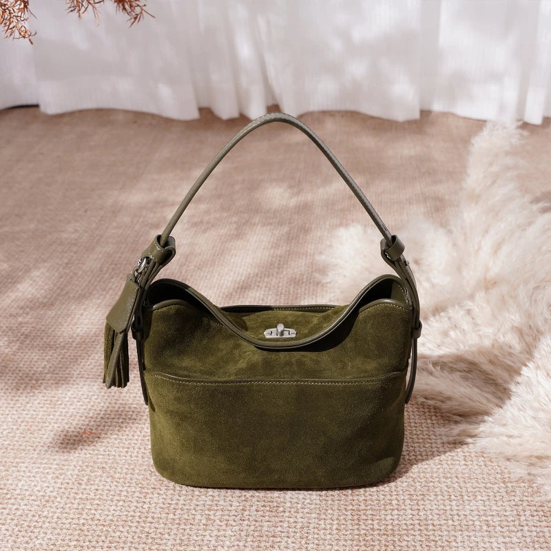 Fashion Tote Real Suede Leather Female Crossbody Shoulder Bag High Quality New Autumn winter Tassel Design Slouchy Woman Bucket