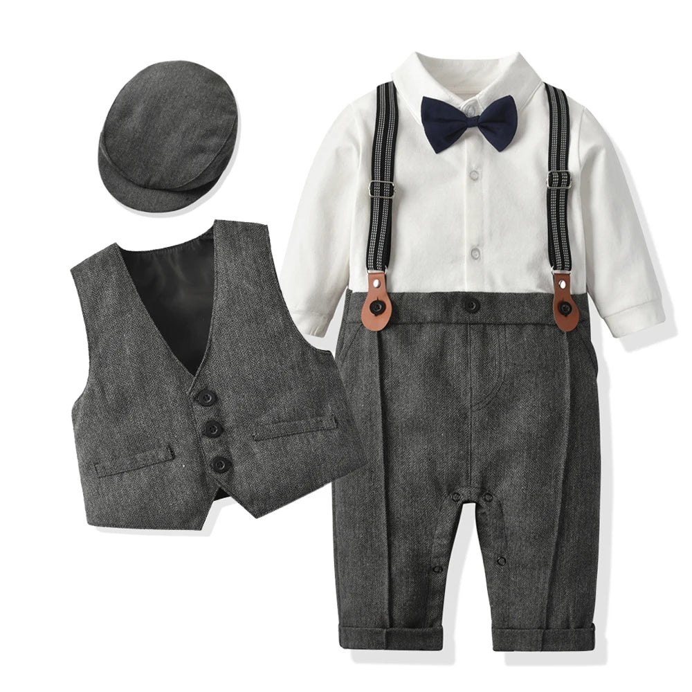 Baby Suits Newborn Boy Clothes Romper + Vest + Hat Formal Clothing Outfit Party Bow Tie Children Birthday Dress New Born 0- 3Y