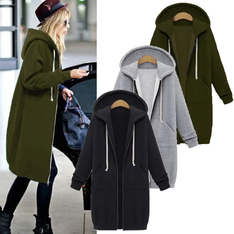 Women’s Long Hooded Sweatshirt Jacket – Loose-Fit Zip-Up Coat with Pockets