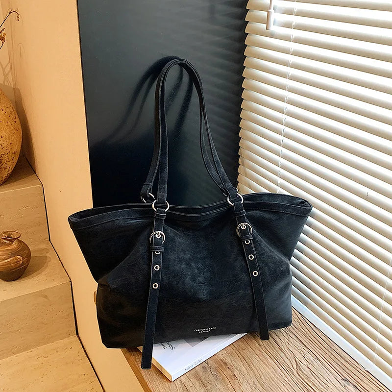 Korean Large Capacity Tote Bag Women Suede Shoulder Crossbody Bag Belt Buckle Design Minimalist Solid Color Zipper Underarm Bag