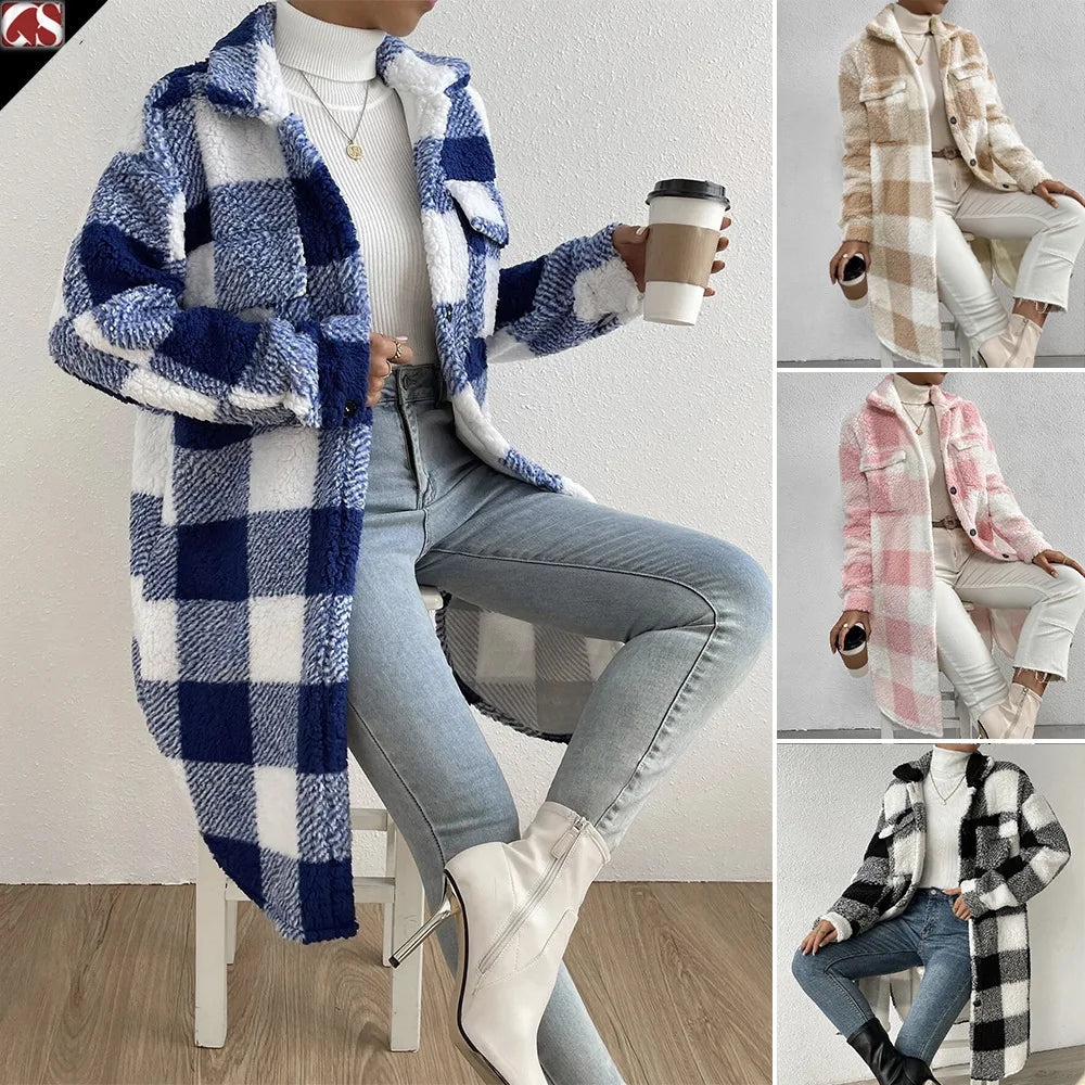 Women’s Long Plaid Fleece Coat – Button-Front Oversized Jacket with Pockets