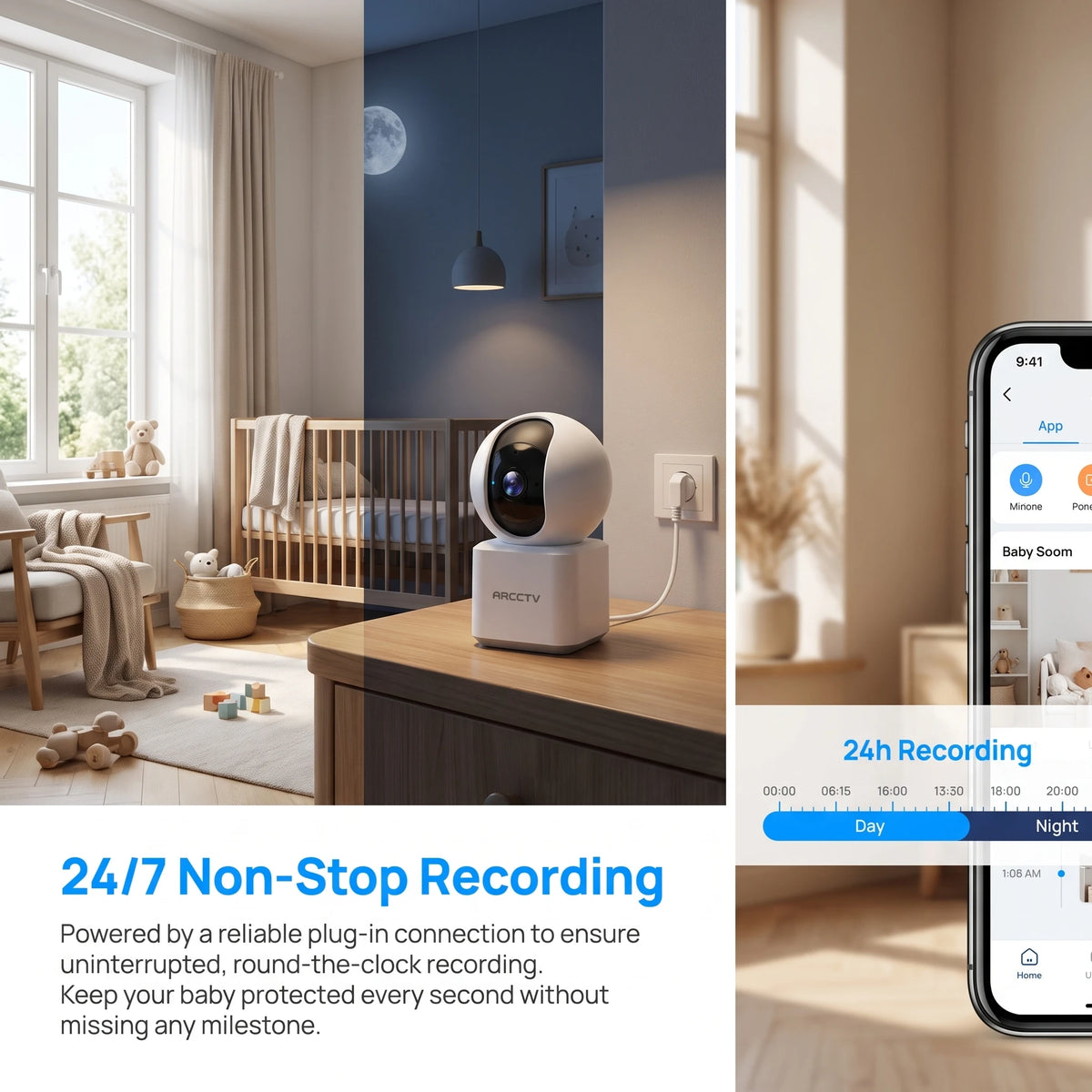 ARCCTV 2K Baby Monitor WiFi Surveillance Camera HD Two Way Talk IR Night Vision Security PT Camera 360° View Automatic Tracking
