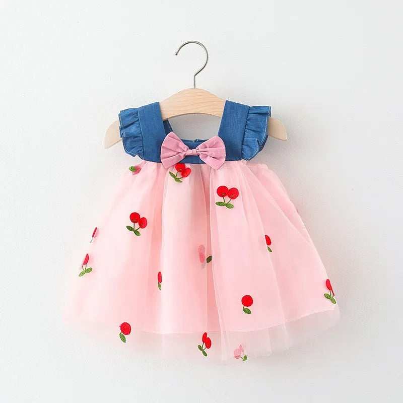 Baby Girl Princess Dress Summer New Red Cherry Chiffon Children'S Clothing (9 Months -3 Years Old)
