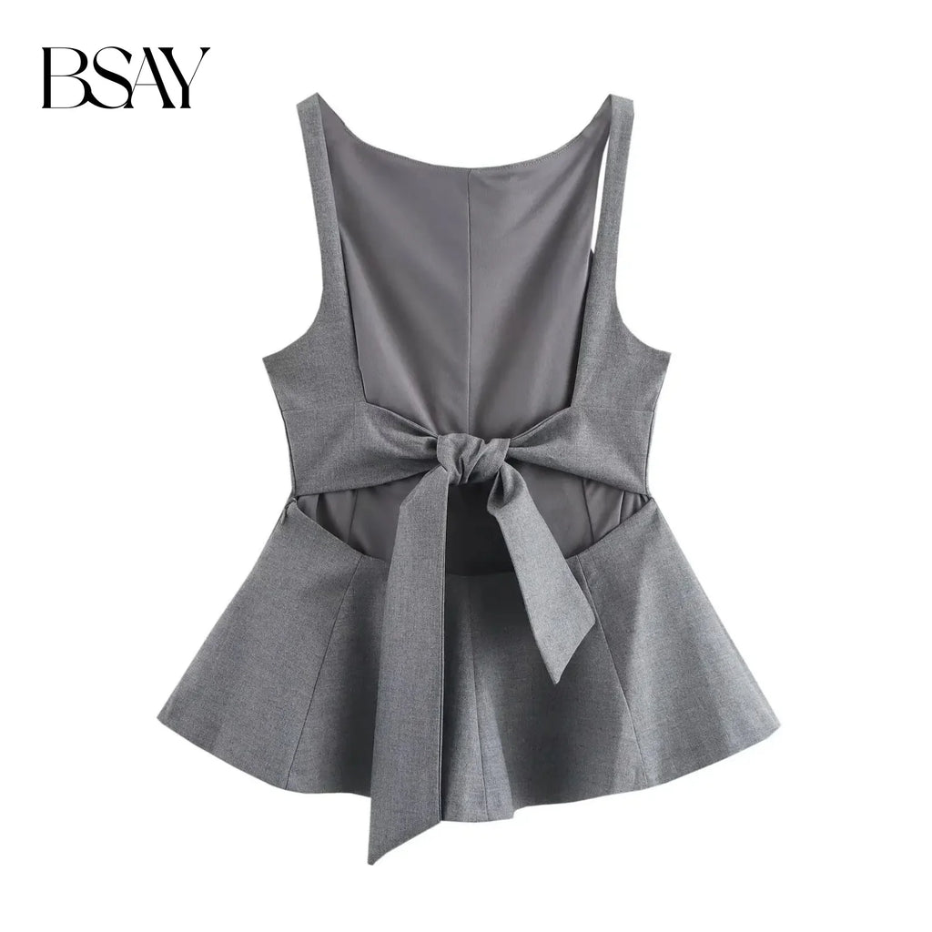 Women’s Backless Crop Top – Bow Detail Side-Zip Sleeveless Blouse