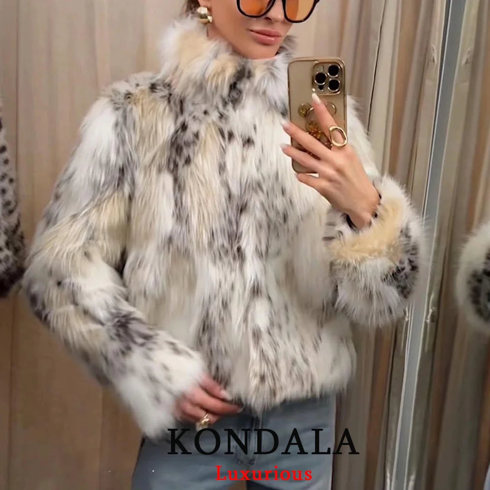 KONDALA Casual Leopard Faux Fur Jackets Women Long Sleeve Buttons Loose Jackets Fashion 2025 Autumn Winter Thick Warm Outwears