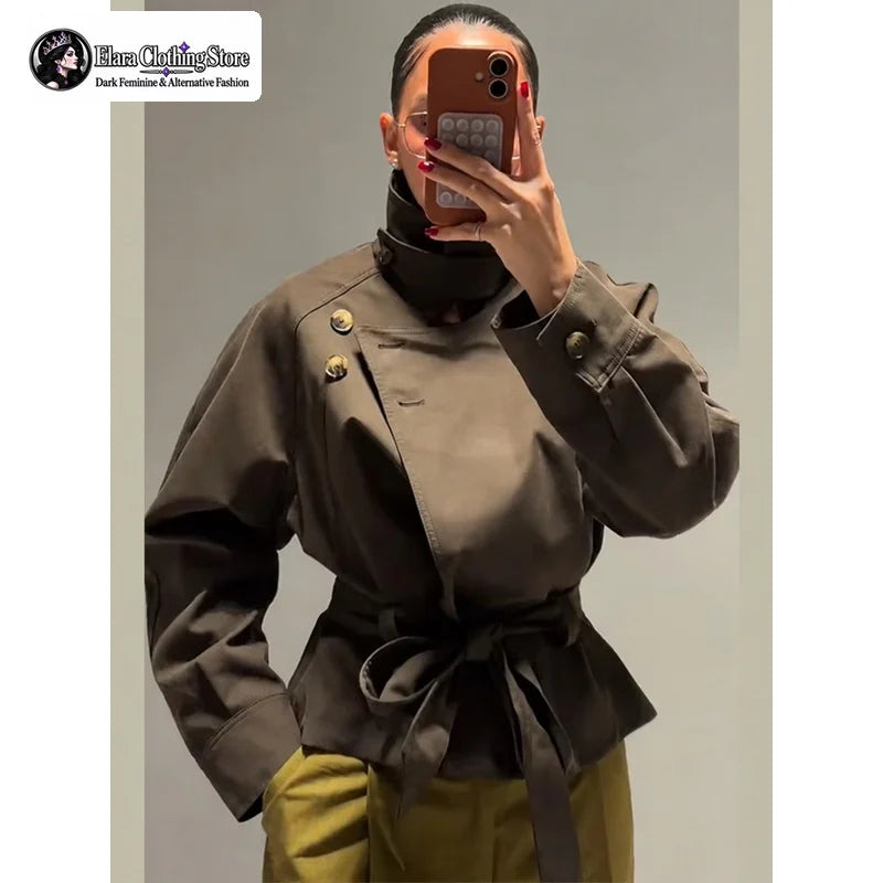 Elara 2026 New Y2k Style Fashionable Stand Up Collar Slanted Button Women's Jacket Long Sleeved Waist Cinched Top with Tie Up