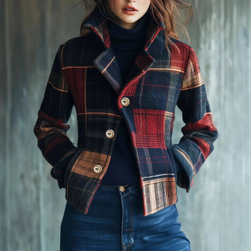 Vestes Femmes Plaid Print Women's Suit Collar Retro Warm Jacket Autumn Winter Versatile Spliced Button Suit Ropa Formal Mujer
