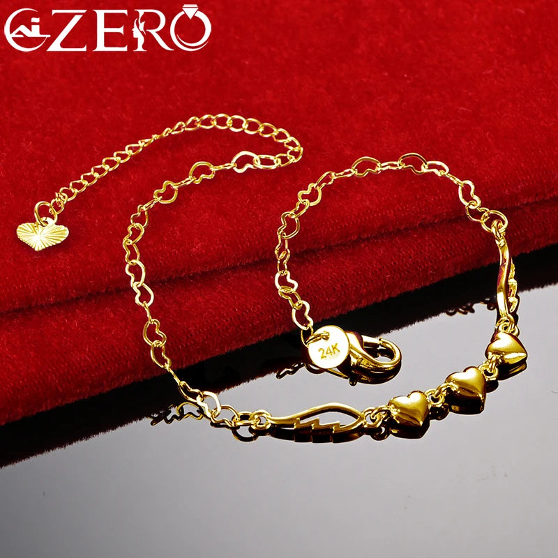 925 Sterling Silver Angel Wings & Three Hearts Bracelet – 18K Gold-Tone Jewelry
