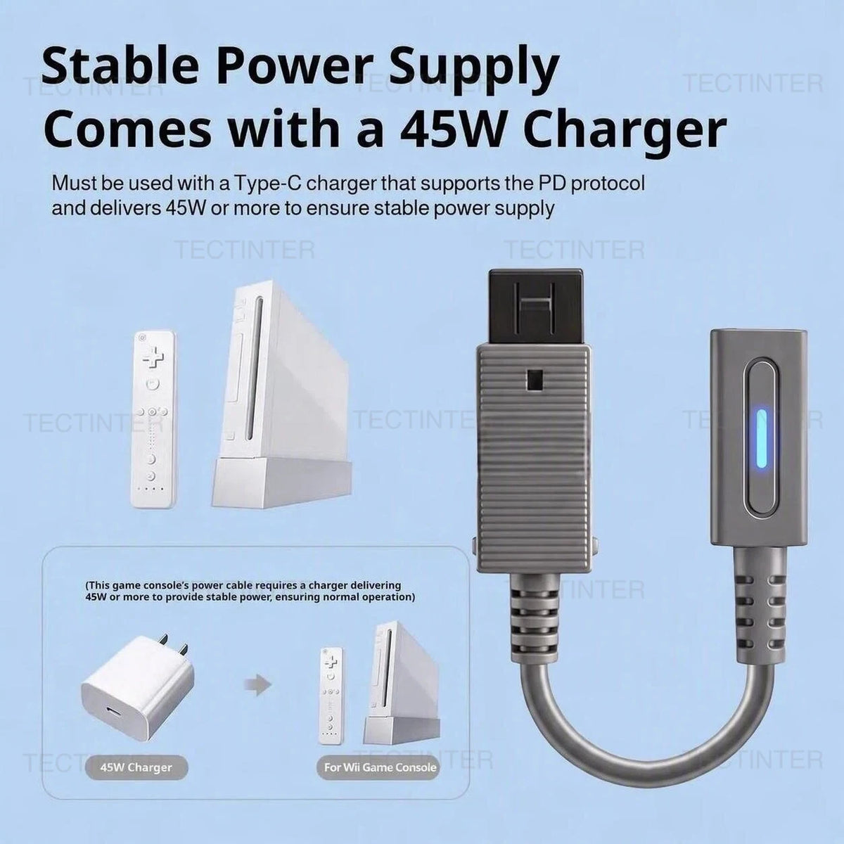 For Nintendo Wii Console Type C Cable Charging Adapter Cable USB C LED Converter Cord for Wii Controller Power Cable Accessories