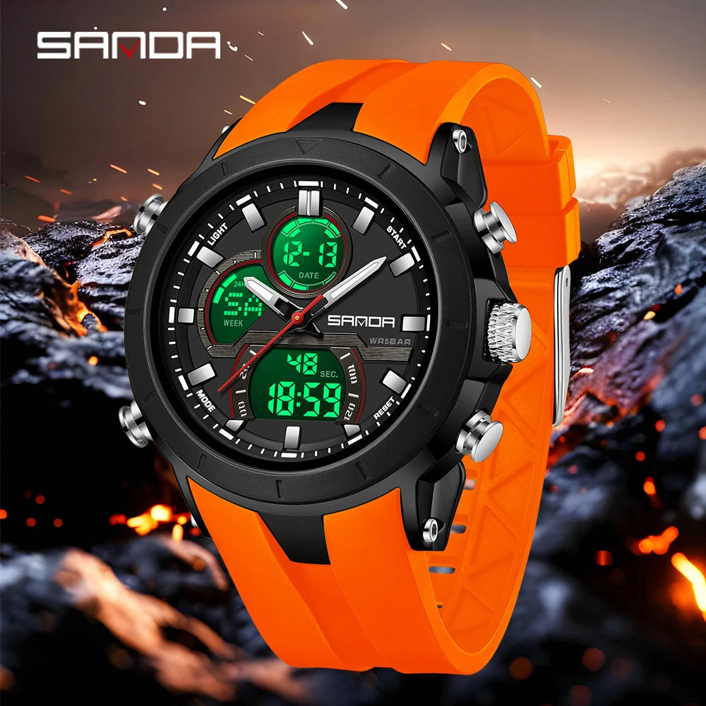SANDA 6279 Electronic Quartz Watches for Man Dual Display Large Dial Calendar Luminous Waterproof Outdoor Sports Digital Watch
