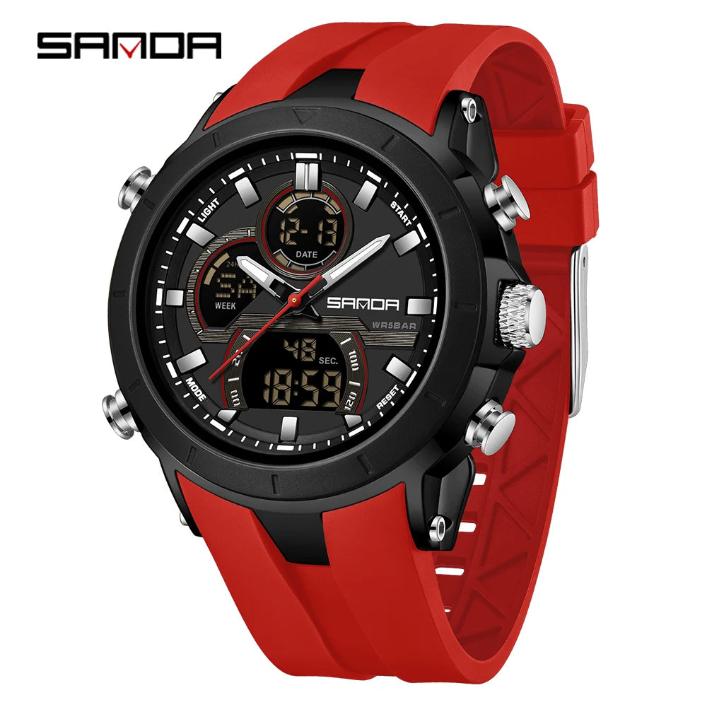 SANDA 6279 Electronic Quartz Watches for Man Dual Display Large Dial Calendar Luminous Waterproof Outdoor Sports Digital Watch