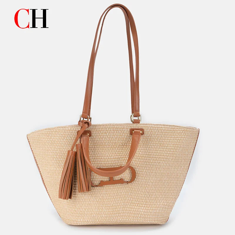 CH Women Straw Tote Bag Large Capacity Woven Raffia Handbag with Tassel Leather Handles Summer Beach Vacation Shoulder Bag