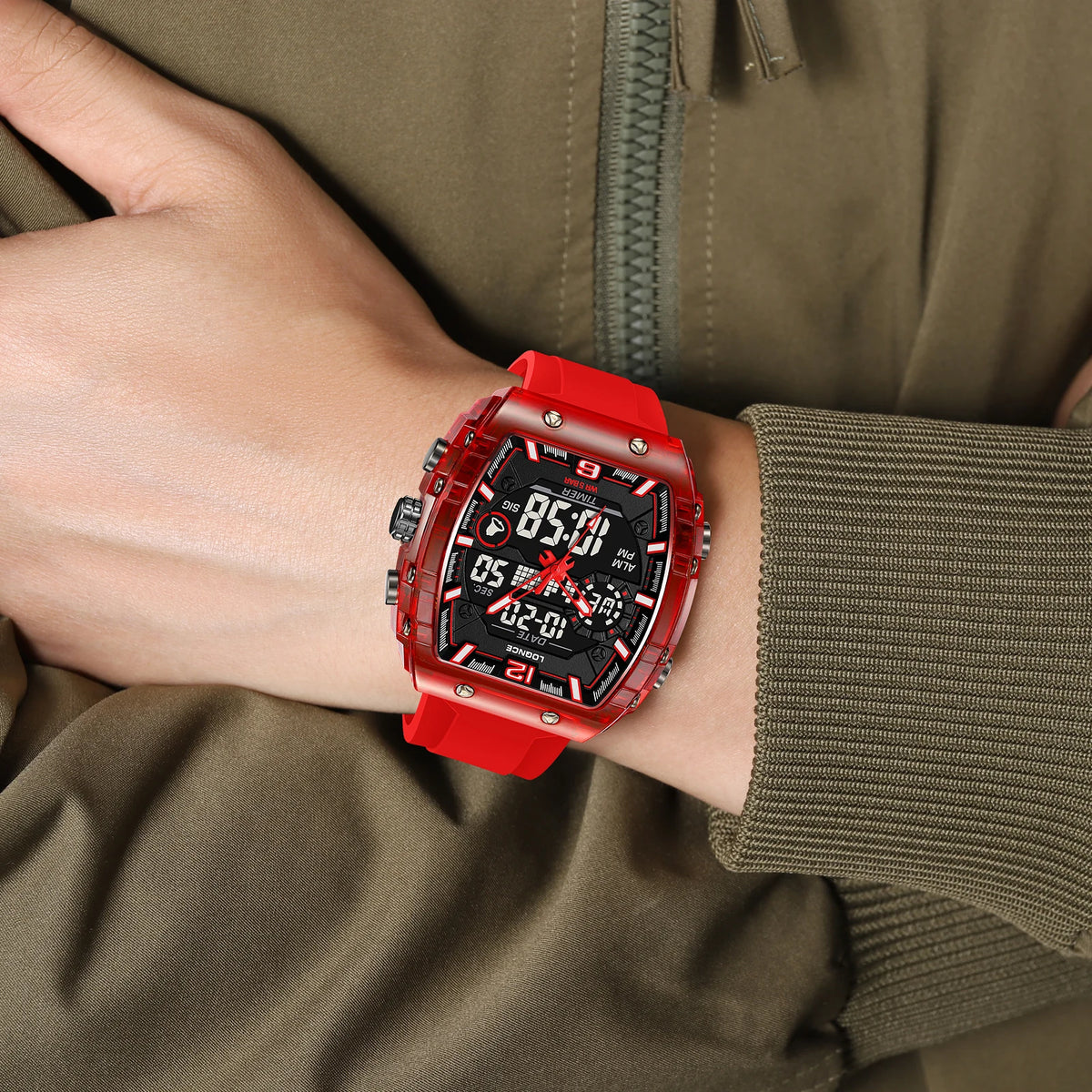 LOQNCE  98003 Male montre homme Hour Sport Watches Digital Double Time Chronograph Watch Mens LED Week Display Wristwatches