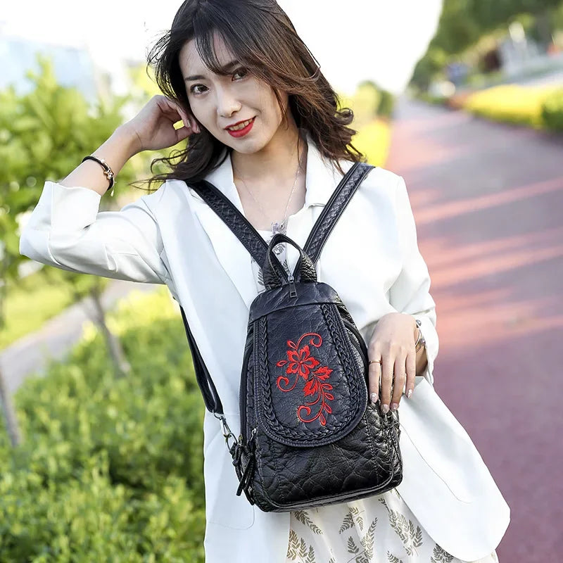 Women PU Leather Backpacks Small Travel Bag Female Soft Leather Bagpack Ladies Embroidery Backpack
