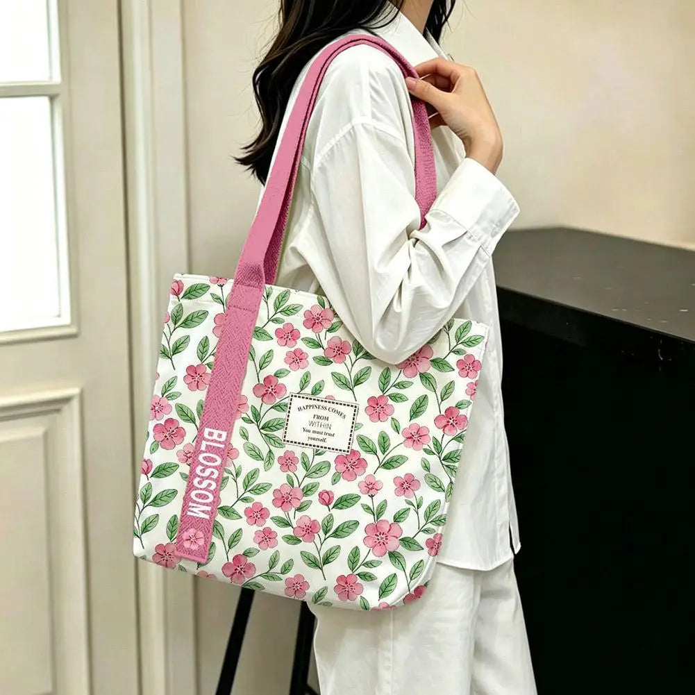 Fashion Canvas Tote Bag Open Top Large Capacity Single Shoulder Bag Floral & Lemon Print Shopping Shoulder Bag Gift