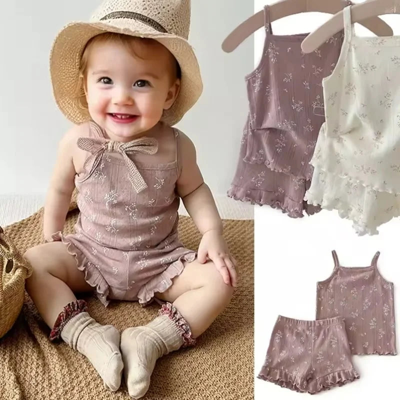 Girls’ Summer Outfit Set – Ruffled Sleeveless Top and Floral Knitwear