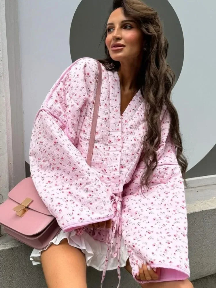 Women’s Floral Print Cardigan – Pink Lace-Up Casual Jacket