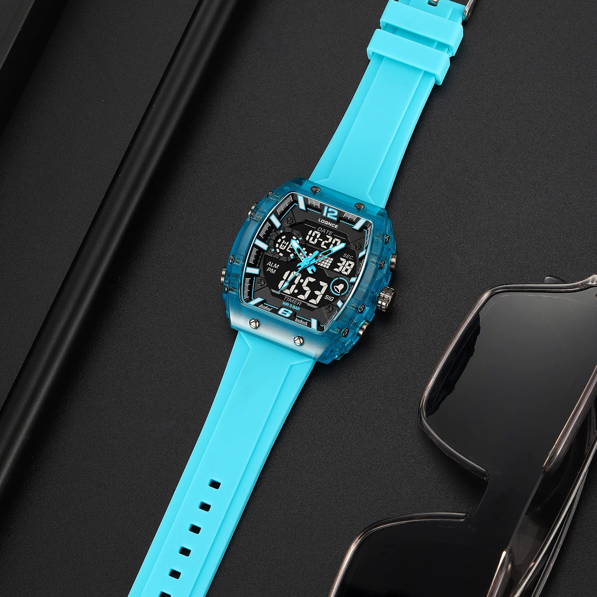 LOQNCE  98003 Male montre homme Hour Sport Watches Digital Double Time Chronograph Watch Mens LED Week Display Wristwatches